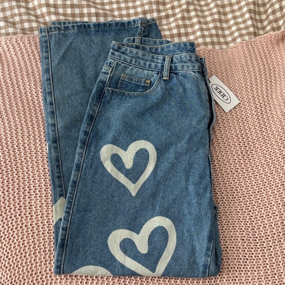 Cider Straight Leg Denim Jeans with Heart Pattern